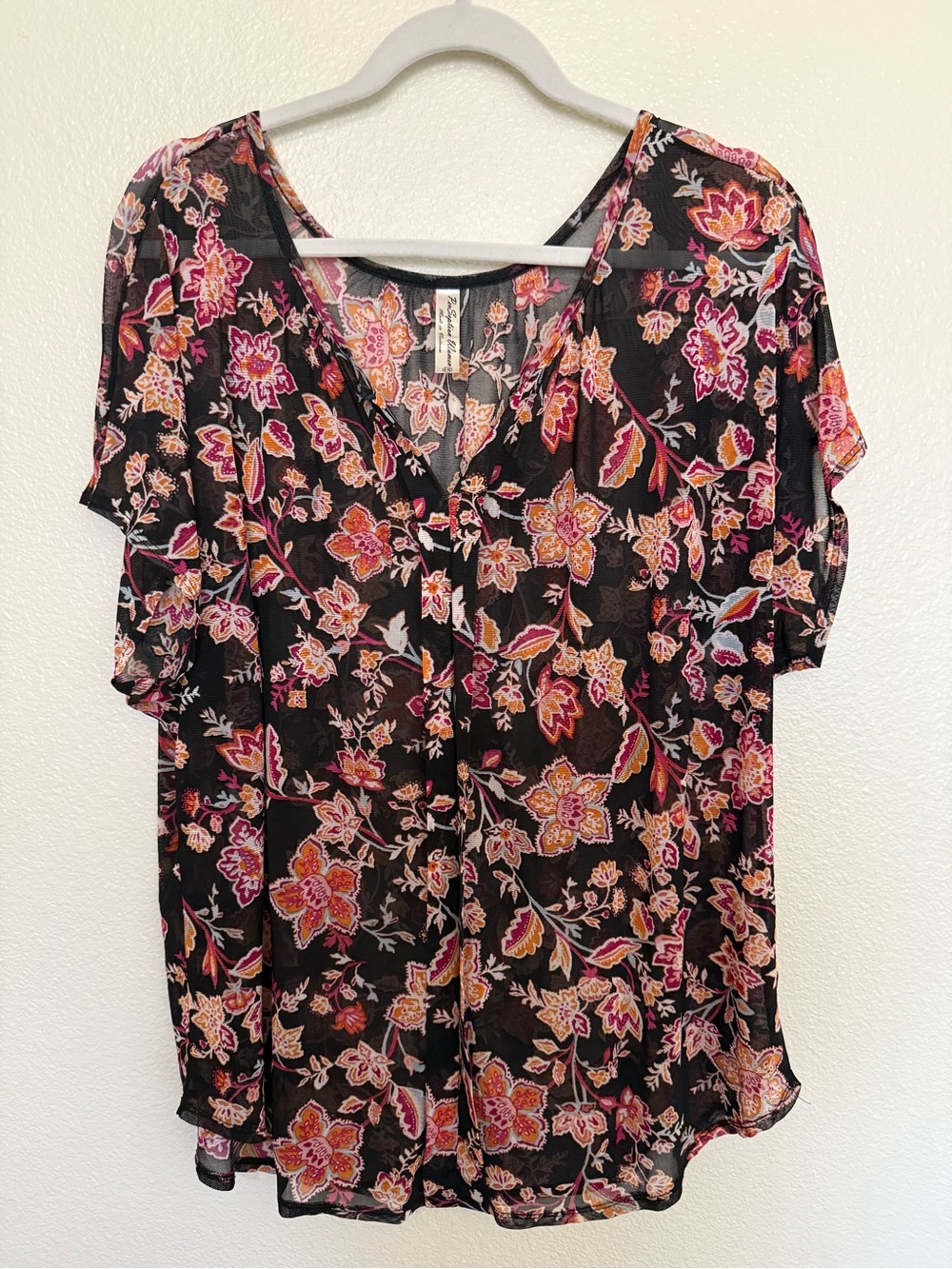 Perseption Black Floral V-Neck Short Sleeve Top with Pink & Orange Accents